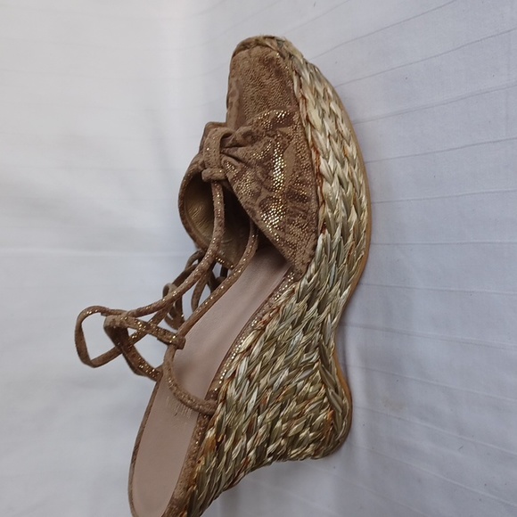 Stuart Weitzman Metallic Gold Espardrille Ankle Wrap Wedges- Sz. 7 - Picture 3 of 13